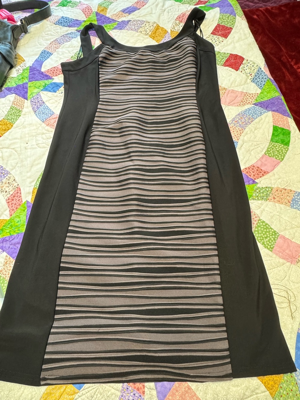 R&M Richards Black Midi Dress with Gray Striped Front Panel
